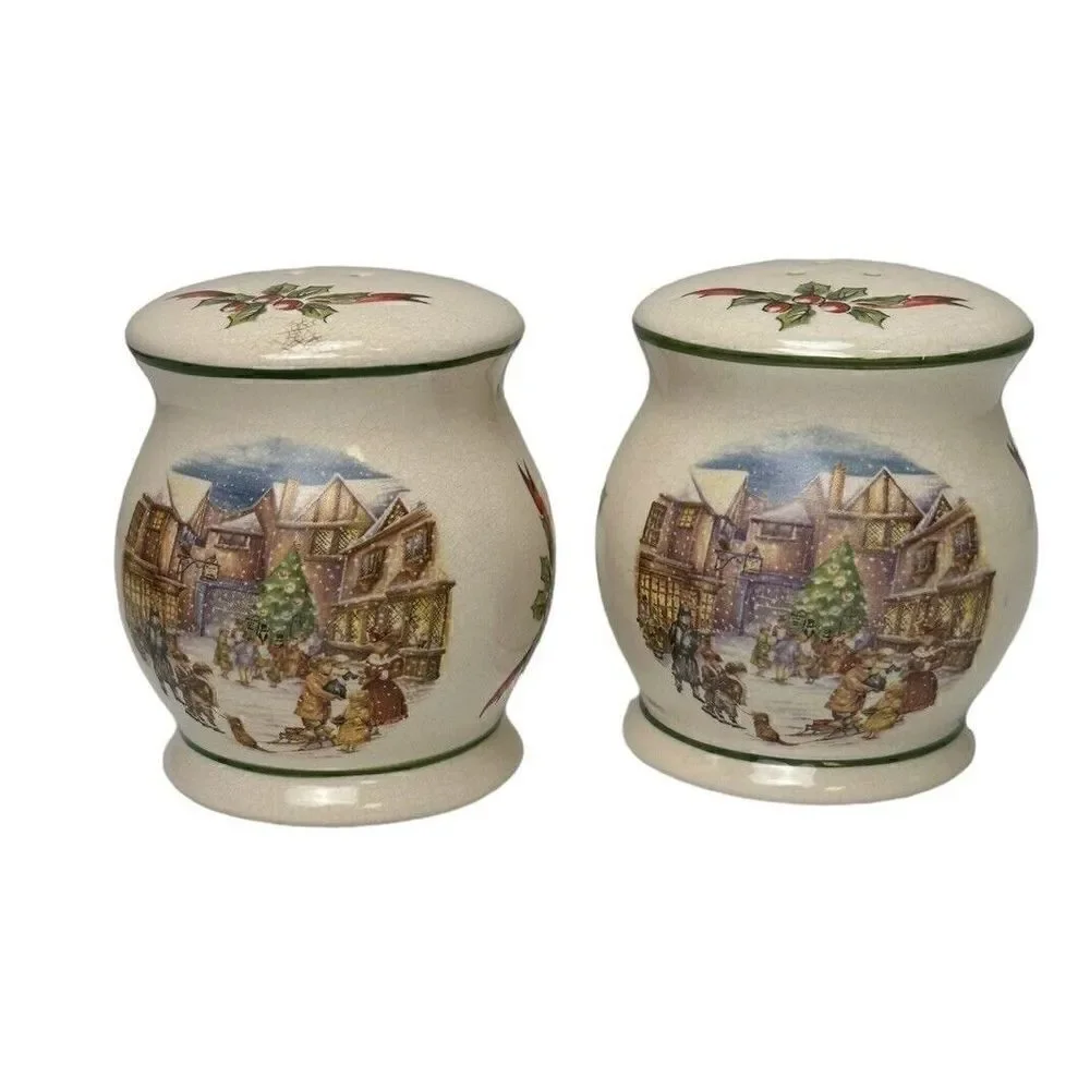Stoneware CIB Dickens Winter Scene Salt Pepper Shakers Christmas Holidays